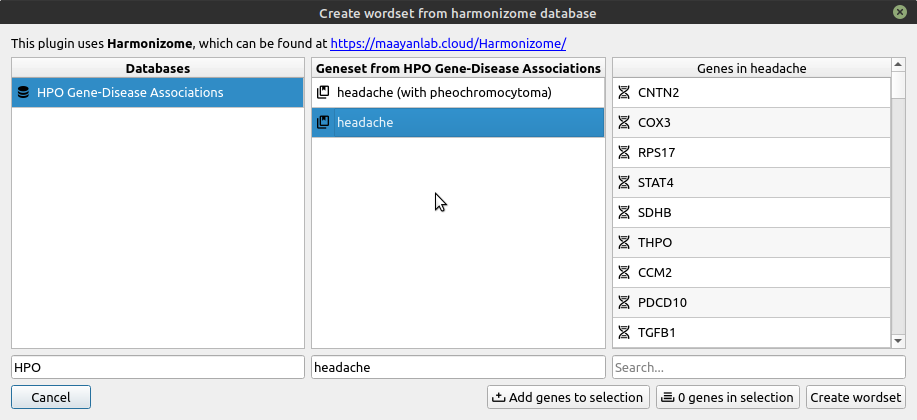 Search for 'headache' in HPO database. Genes are on the right