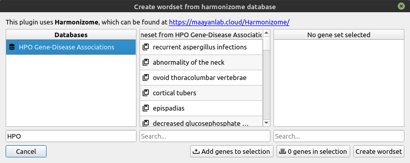 Open harmonizome plugin, search for 'HPO'
